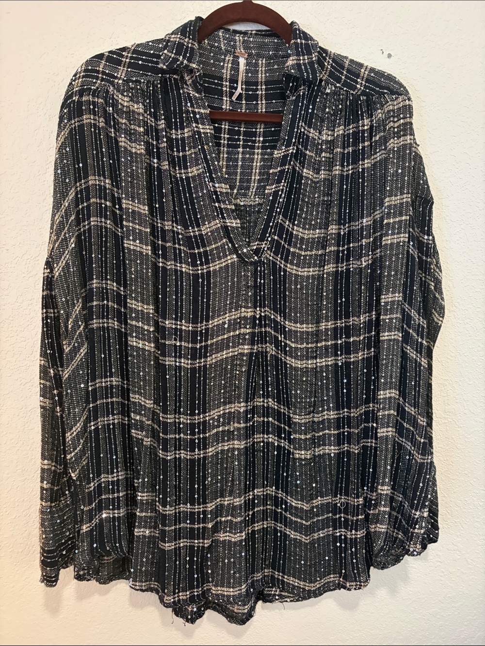 Free People Black and Cream Plaid V-Neck Tunic